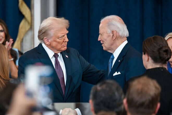 U.S. President-elect Donald Trump and U.S. President Joe Biden at Trump's inauguration in the U.S. Capitol Rotunda in Washington on Jan. 20, 2025. Photo by Kenny Holston-Pool/Getty Images.