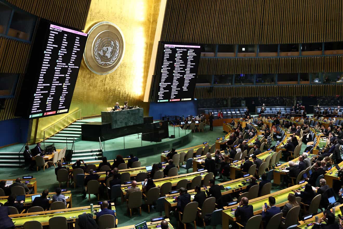 Results of votes on a draft resolution are displayed during a U.N. General Assembly meeting for a special session on the three-year anniversary of the Russia-Ukraine war at the headquarters of the world body in New York City on Feb. 24, 2025.  Photo by Michael M. Santiago/Getty Images.