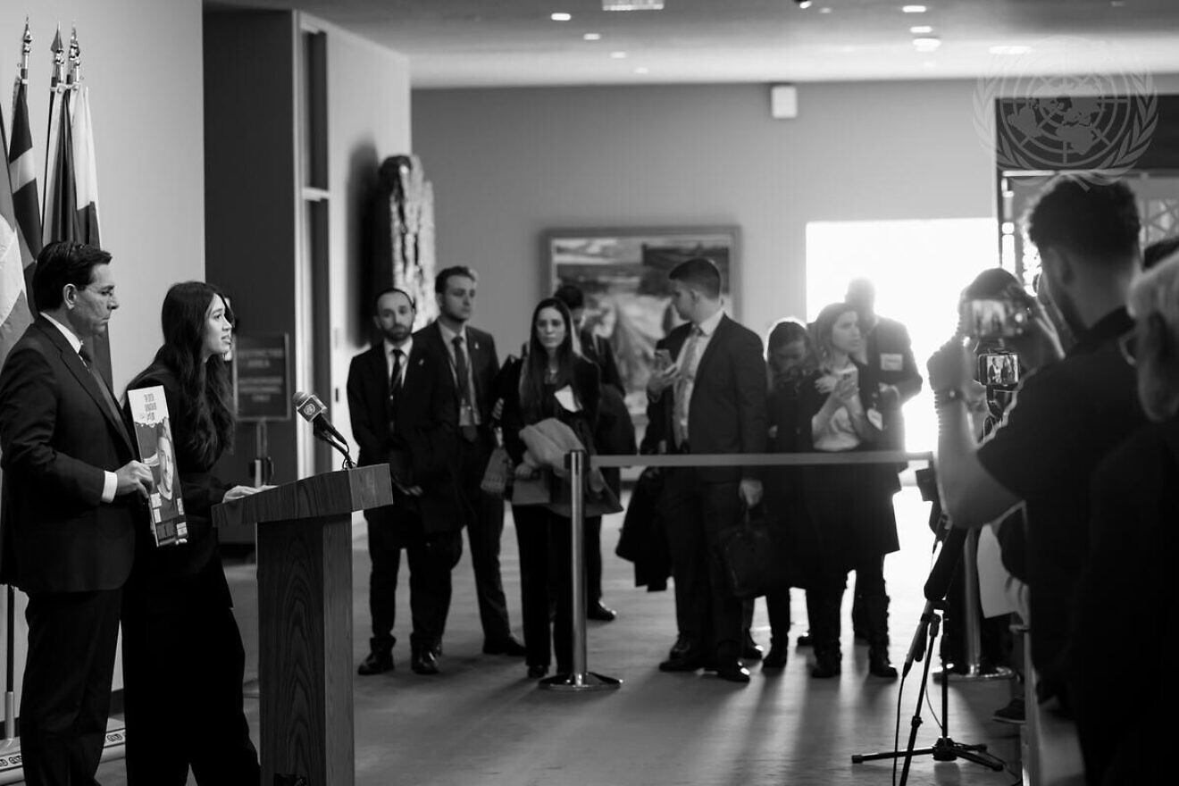 Danny Danon, Israeli ambassador to the United Nations, and rescued hostage Noa Argamani brief reporters after the U.N. Security Council meeting on the situation in the Middle East, Feb. 25, 2025. Credit: Mark Garten/U.N. Photo.