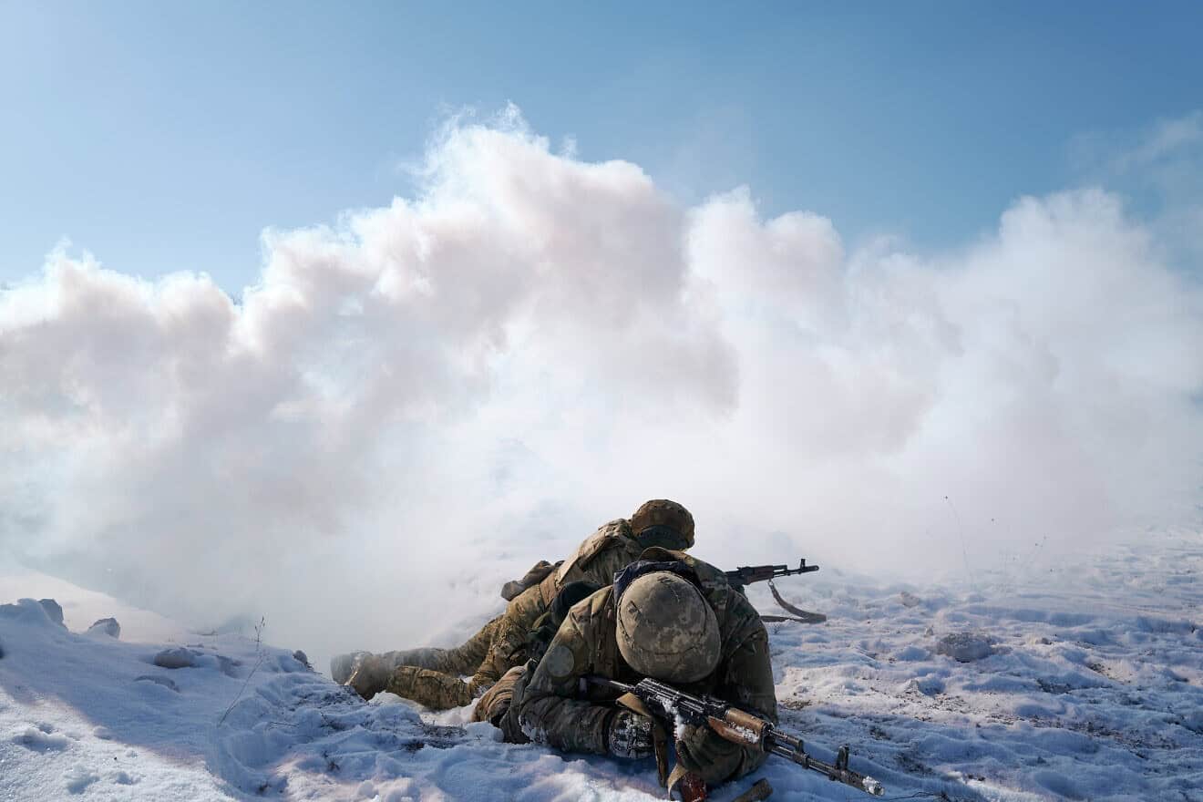 Infantry soldiers of the Armed Forces of Ukraine, including both new recruits and experienced servicemen, train together near Donetsk, Ukraine, before deploying to the frontlines against Russian forces, Feb. 21, 2025. Photo by Pierre Crom/Getty Images.