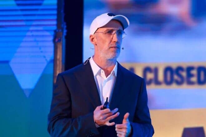 Yael Foundation co-founder Uri Poliavich speaks at the organization's annual conference in Cyprus, Feb. 4, 2025. Credit: Yael Foundation.