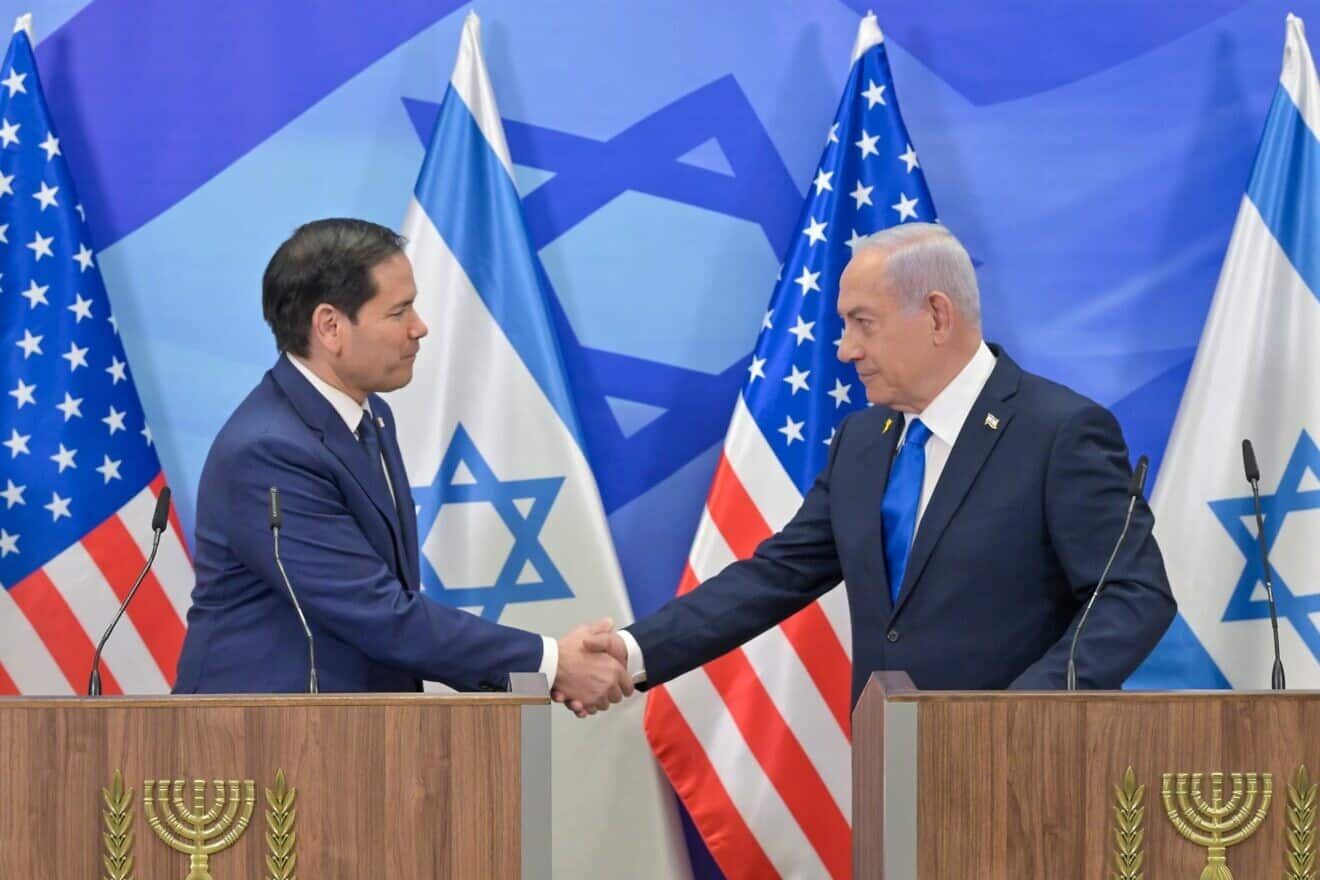 U.S. Secretary of State Marco Rubio and Israeli Prime Minister Benjamin Netanyahu shake hands during a joint press conference in Jerusalem on Feb. 16, 2025. Photo by  Kobi Gideon / GPO.