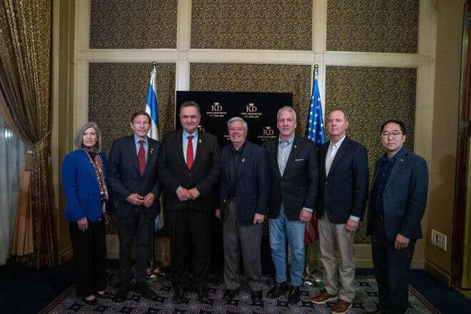 Israeli Defense Minister Israel Katz with visiting United States senators at the King David Hotel in Jerusalem on Feb. 16, 2025. Photo by Ariel Hermoni/Israel Ministry of Defense.