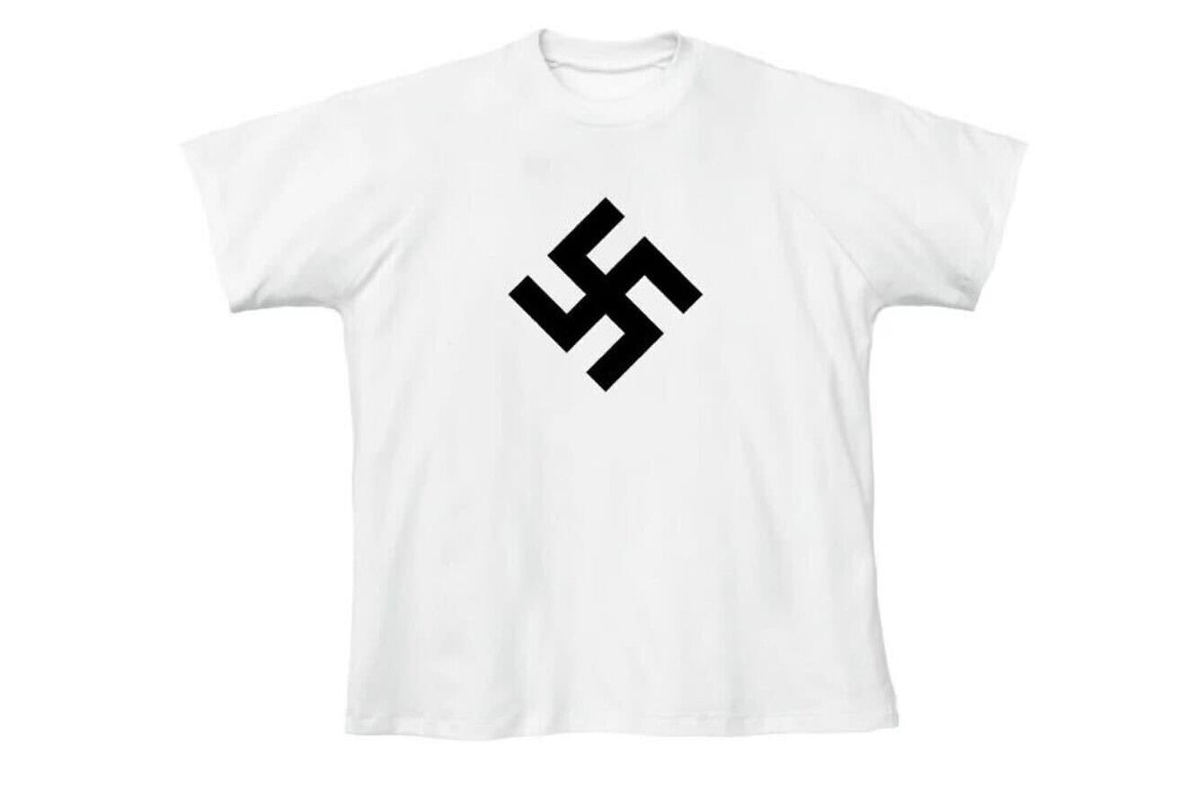 A white T-shirt with a swastika is being sold by rapper Kanye West, now known as Ye, February 2025. Source: Screenshot/Yeezy.com.