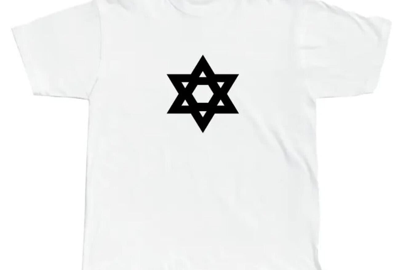 A white T-Shirt with a black Star of David being sold by the Israeli-American Council, February 2025. Credit: Courtesy  of the IAC.