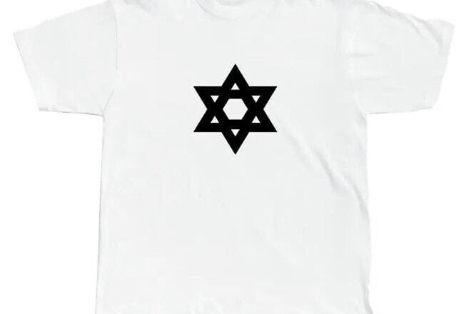 A white T-Shirt with a black Star of David being sold by the Israeli-American Council, February 2025. Credit: Courtesy  of the IAC.