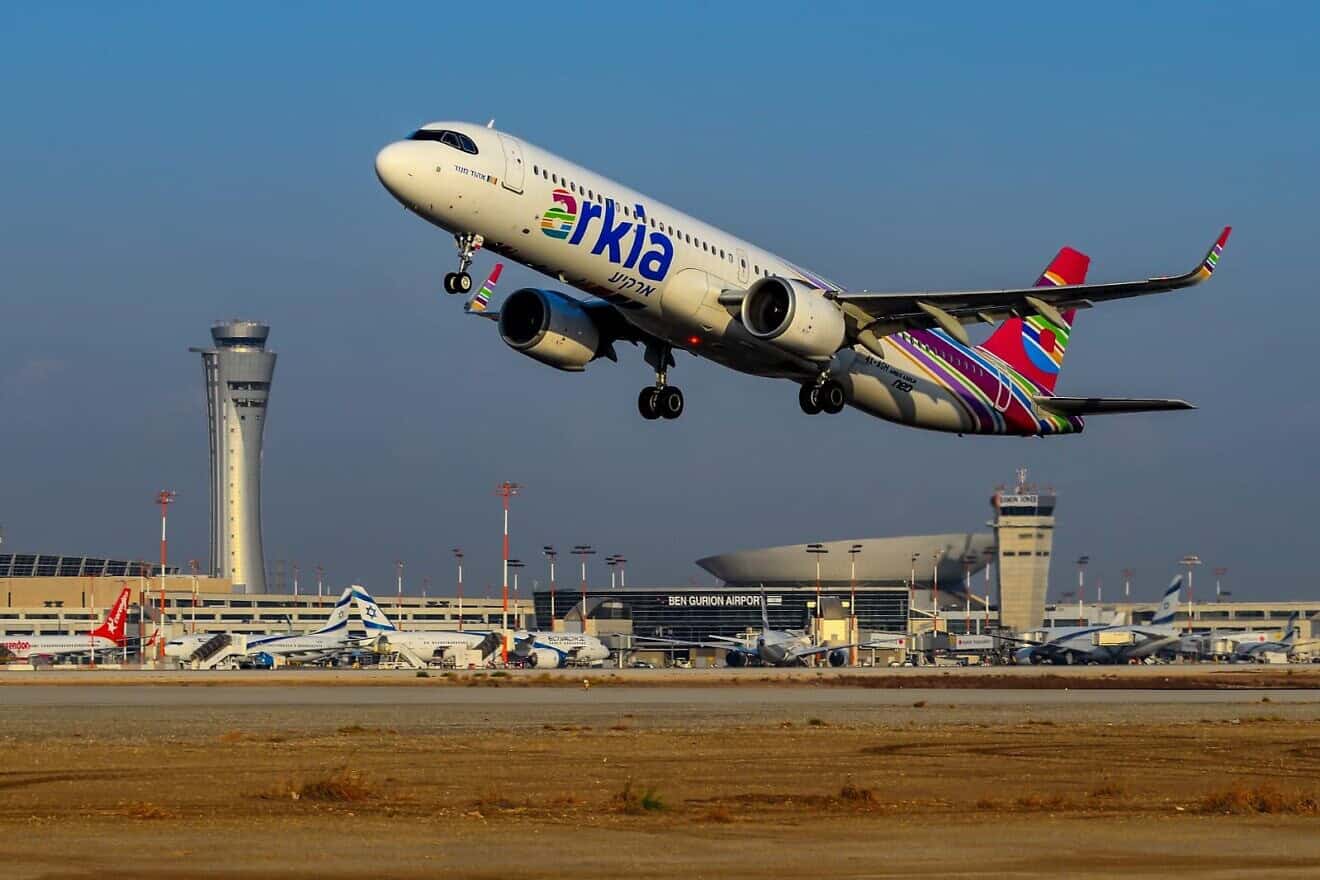 An Arkia flight takes off from Israel's Ben-Gurion International Airport.  Credit: Courtesy.