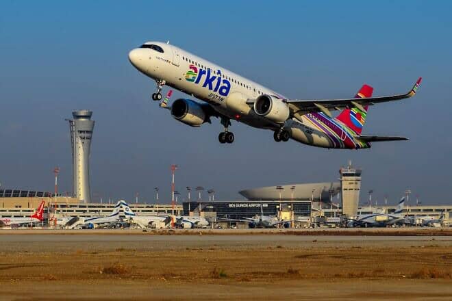 An Arkia flight takes off from Israel's Ben-Gurion International Airport.  Credit: Courtesy.