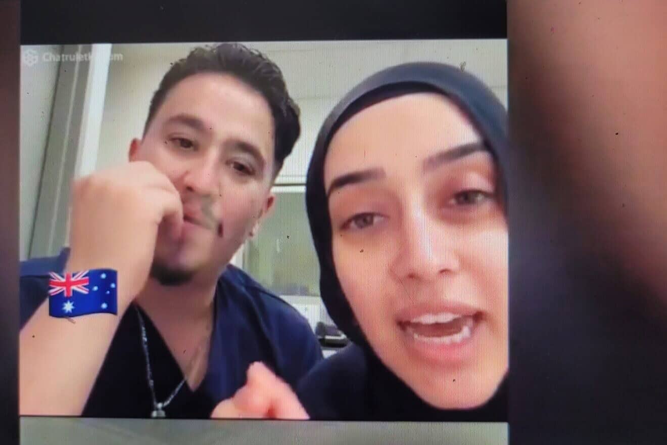 Ahmad Rashad Nadir and Sarah Abu Lebdeh speak with an Israeli online from their workplace in Sydney, Australia, February 2025. Credit: Courtesy of Max Veifer.