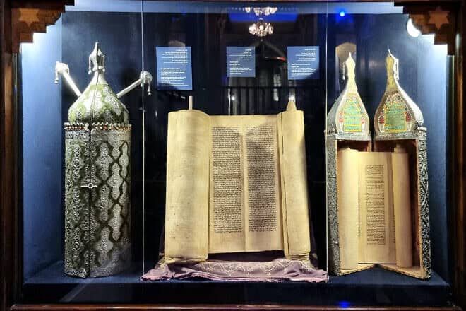 An ornate Holy Ark and its Torah scroll taken from Iraq by fleeing Jews is on display at the  Babylonian Jewish Heritage Center in Or Yehuda, Israel, and pictured here in November 2021. Photo by Israel Parker/Wikimedia Commons.