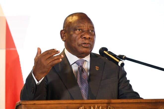 South African President Cyril Ramaphosa delivers the keynote address during the National Conference on State of Human Rights marking the 30th anniversary of constitutional democracy and human rights in South Africa, held at Birchwood Hotel in Boksburg, South Africa. Credit: Courtesy of South Africa's Foreign Ministry.