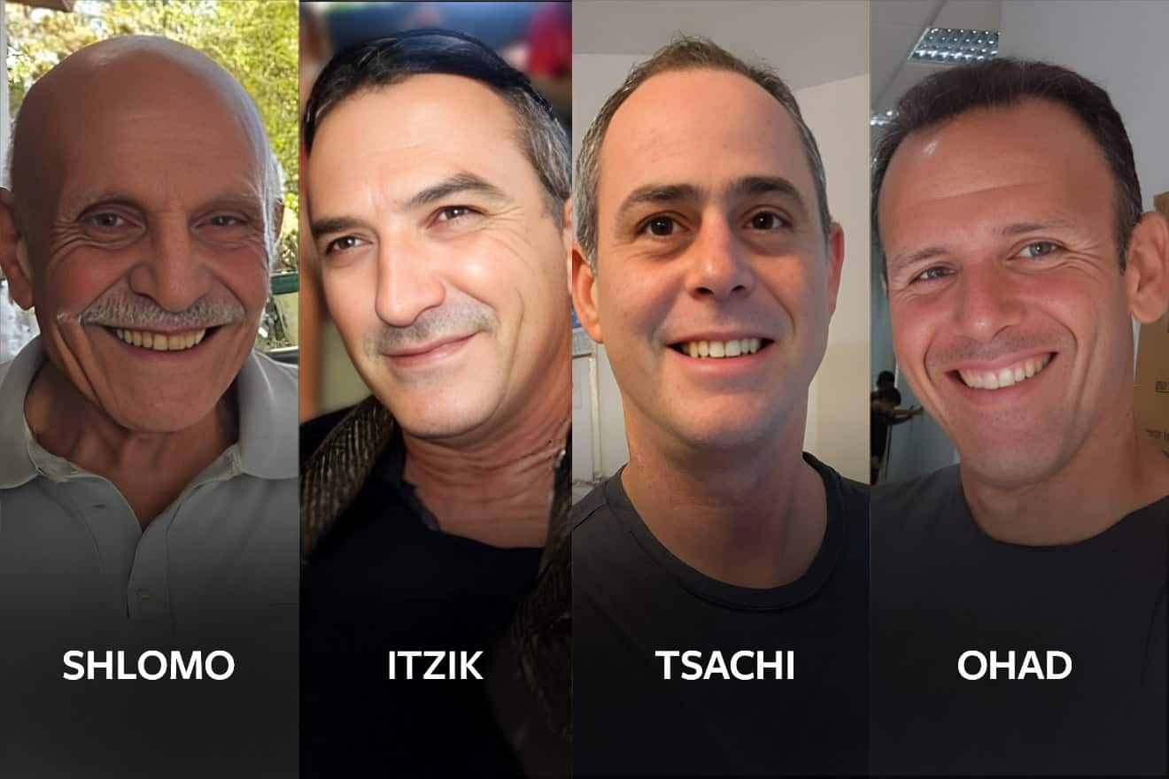 The four slain hostages recovered from Hamas, from left, Shlomo Mantzur, Itzik Elgarat, Tsachi Idan and Ohad Yahalomi. Source: Hostage and Missing Families Forum/X.