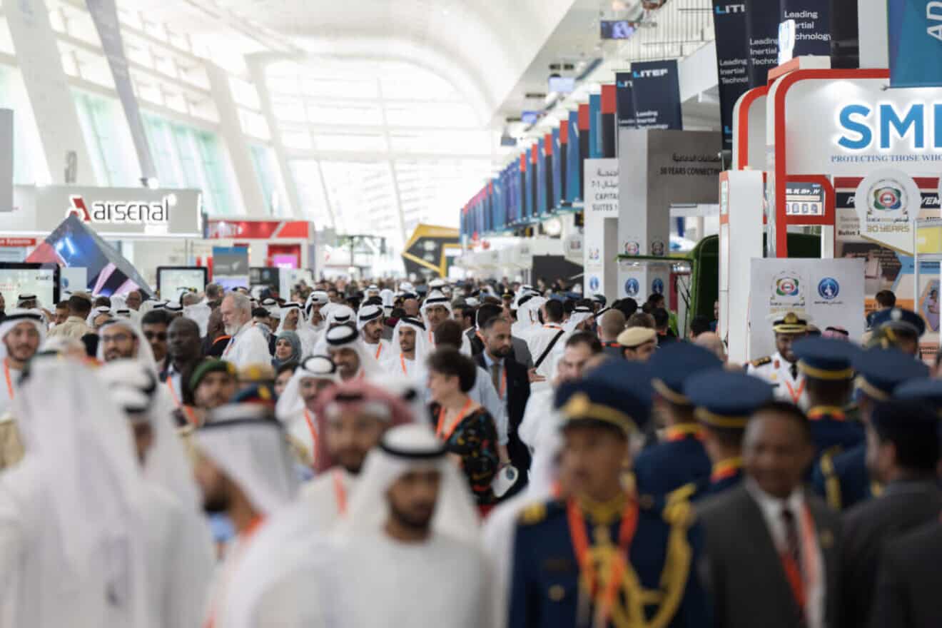 Guests visit the main floor of the IDEX defense show in Abu Dhabi, the United Arab Emirates, in February 2023. Photo courtesy of IDEX.