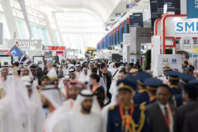 Guests visit the main floor of the IDEX defense show in Abu Dhabi, the United Arab Emirates, in February 2023. Photo courtesy of IDEX.