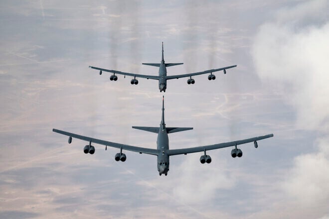 U.S. Air Force B-52 Stratofortresses fly in formation over the U.S. Central Command area of responsibility, Feb. 20, 2025. Credit: Staff Sgt. William Rio Rosado/U.S. Air Force photo.