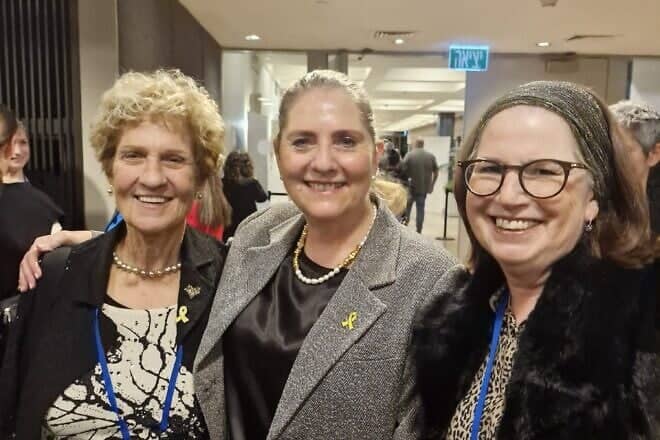 From left: Dina Hahn, chair of the Board of World Emunah and Israel Emunah, first lady Michal Herzog and Tema Klausner, president of World Emunah. Credit: Courtesy of Tema Klausner.