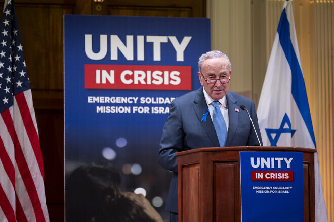 Senate Majority Leader Chuck Schumer (D-N.Y.) speaks at the Conference of Presidents of Major American Jewish Organizations gathering at Sixth & I synagogue, in Washington, D.C., Oct. 17, 2023. Credit: Tia Dufour/U.S. Department of Homeland Security.