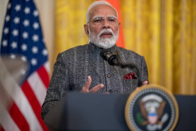 India’s Prime Minister Narendra Modi speaks to the media during a White House visit with U.S. President Donald Trump on Feb. 13, 2025. Credit: The White House.