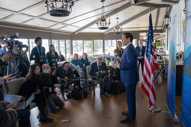 U.S. Secretary of State Marco Rubio talks with the press in La Malnaie, Quebec, March 14, 2025. Credit: Freddie Everett/U.S. State Department.