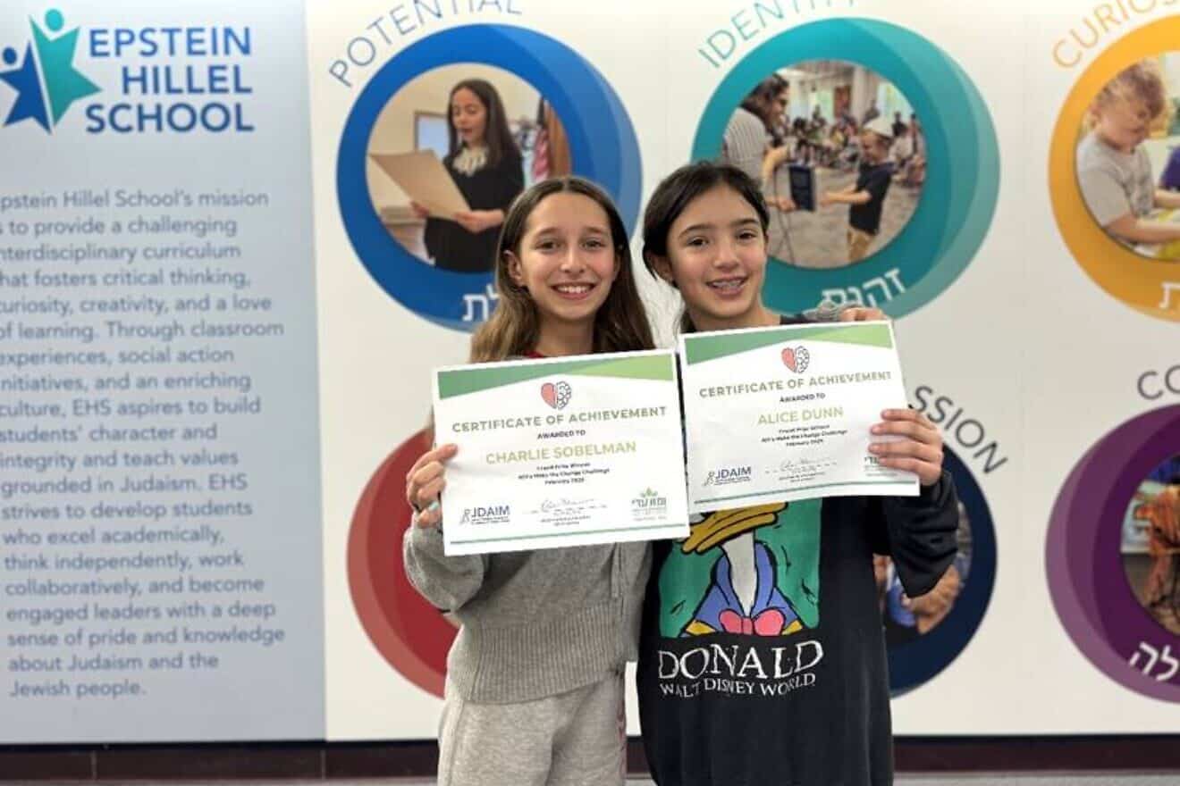 Charlie Sobelman and Alice Dunn, sixth-grade student from the Epstein Hillel School in Marblehead, Mass., were crowned the winner of ADI’s fifth annual “Make the Change Challenge” and received the $1,000 grand prize, a gift from the Avraham and Esther Klein Young Entrepreneurs Fund. Credit: ADI.