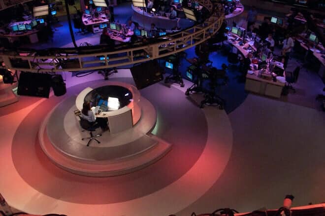 The Al Jazeera English newsroom at the broadcast center in Doha, Qatar. Credit: Paul Keller via Wikimedia Commons.