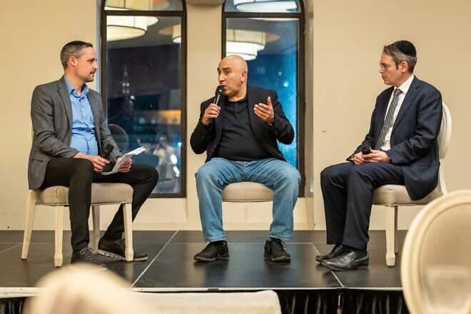 From left, JNS CEO Alex Traiman, Palestinian activist Samer Sinijlawi and Aish's Rabbi Daniel Rowe at the Bridges of Light interfaith dialogue encounter at Aish in Jerusalem, March 5, 2025. Photo by Jacob Zaldin/Aish.