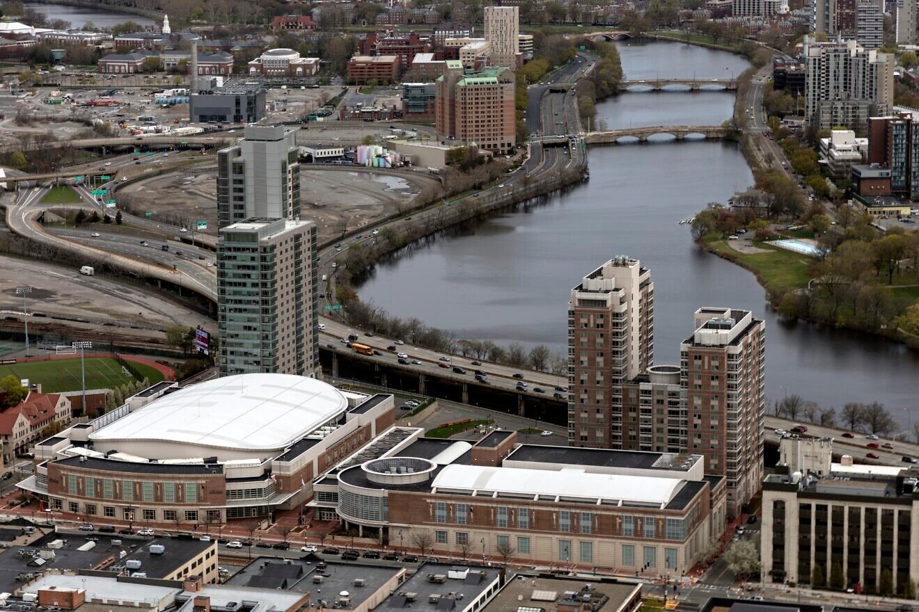Aerial view of Boston, with a focus on Boston Universityís Agganis Arena (foreground), home of the universityís famed hockey team (and other sports), on the shore of the Charles River, below Cambridge, April 28, 2019. Photo by Carol M. Highsmith/Carol M. Highsmith Archive, Library of Congress.