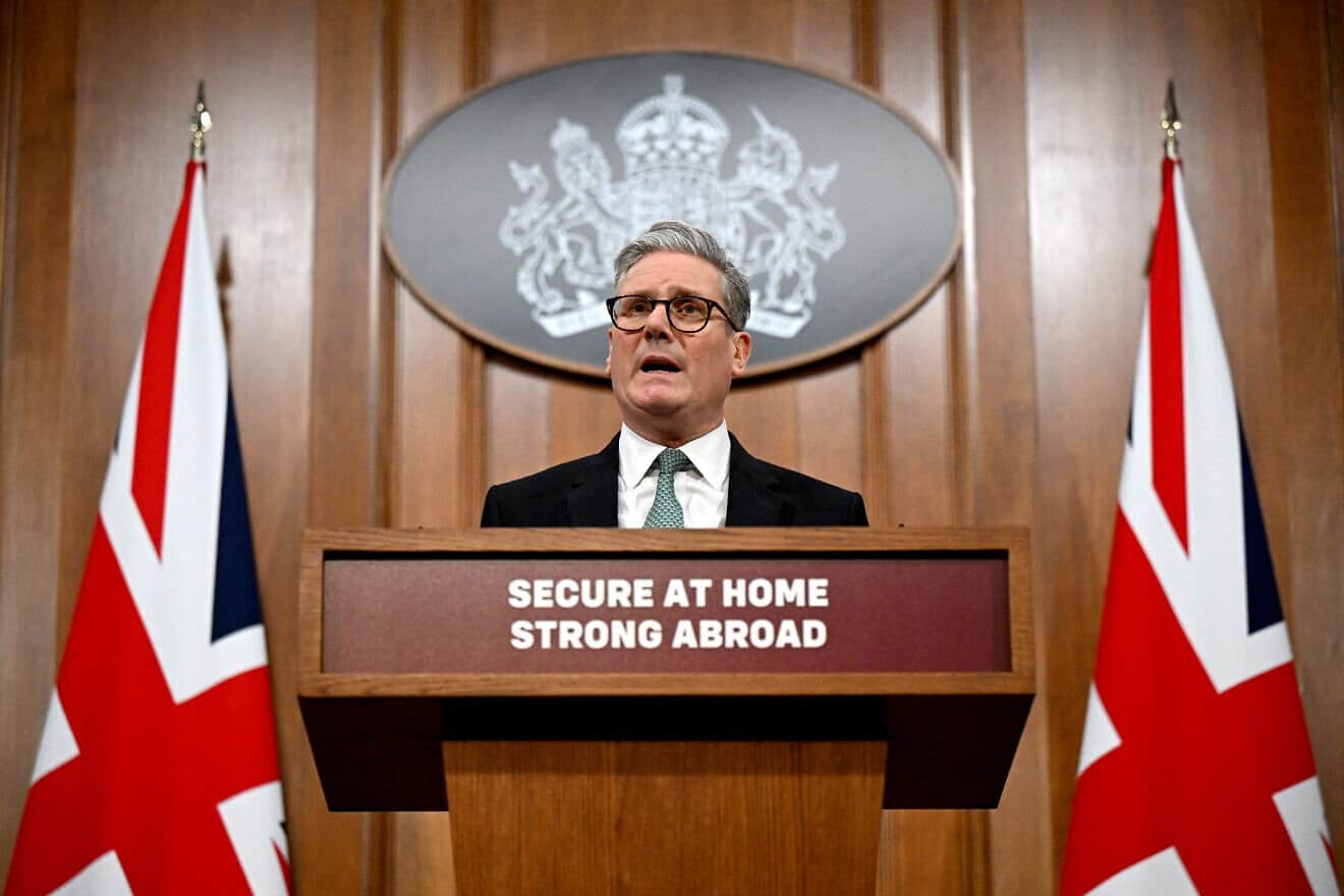 Britain's Prime Minister Keir Starmer delivers a speech on defence and security spending during a press conference at the Downing Street Briefing Room in central London, on Feb. 25, 2025. Photo by Leon Neal/POOL/AFP via Getty Images.