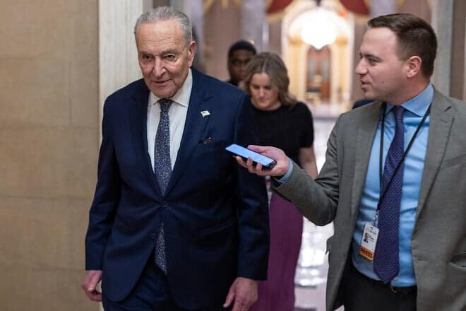 Senate Minority Leader Chuck Schumer (D-N.Y.) walks in Statuary Hall at the U.S. Capitol in Washington, D.C., March 14, 2025. Photo by Tasos Katopodis/Getty Images.