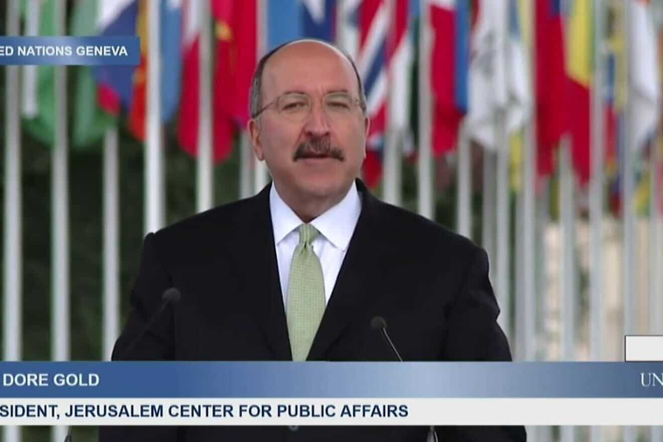 Dore Gold addresses the Rally for Equal Rights at the United Nations in Geneva, Switzerland, March 18, 2019. Credit: YouTube/ UN Watch.