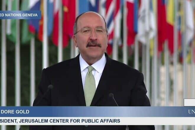 Dore Gold addresses the Rally for Equal Rights at the United Nations in Geneva, Switzerland, March 18, 2019. Credit: YouTube/ UN Watch.