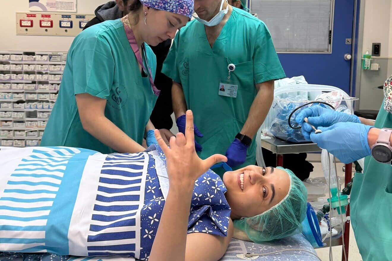 Released Israeli hostage Emily Damari ahead of surgery at Sheba Medical Center in Ramat Gan, March 2, 2025. Credit: Courtesy of the Damari family.