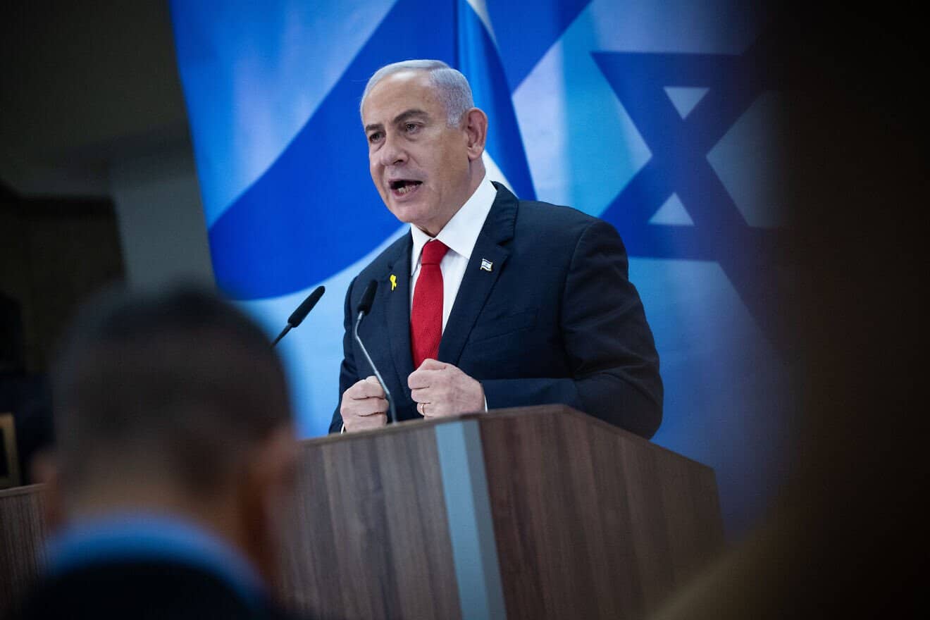 Israeli Prime Minister Benjamin Netanyahu holds a press conference at the Prime Minister's Office in Jerusalem, Dec. 9, 2024. Photo by Yonatan Sindel/Flash90.