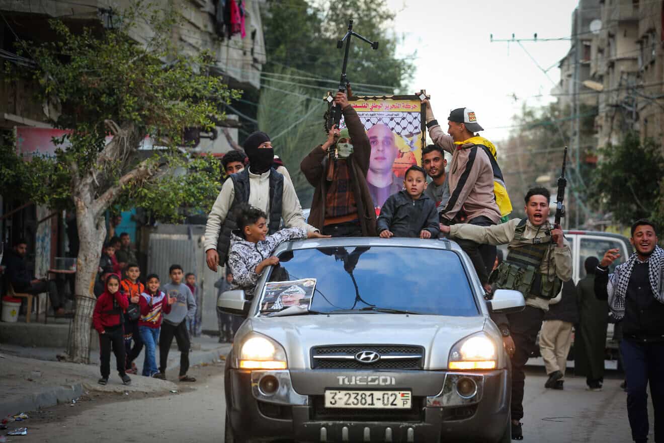 A Palestinian prisoner returns to Gaza as part of a deal between Israel and Hamas on Feb. 8, 2025. Photo by Ali Hassan/Flash90.