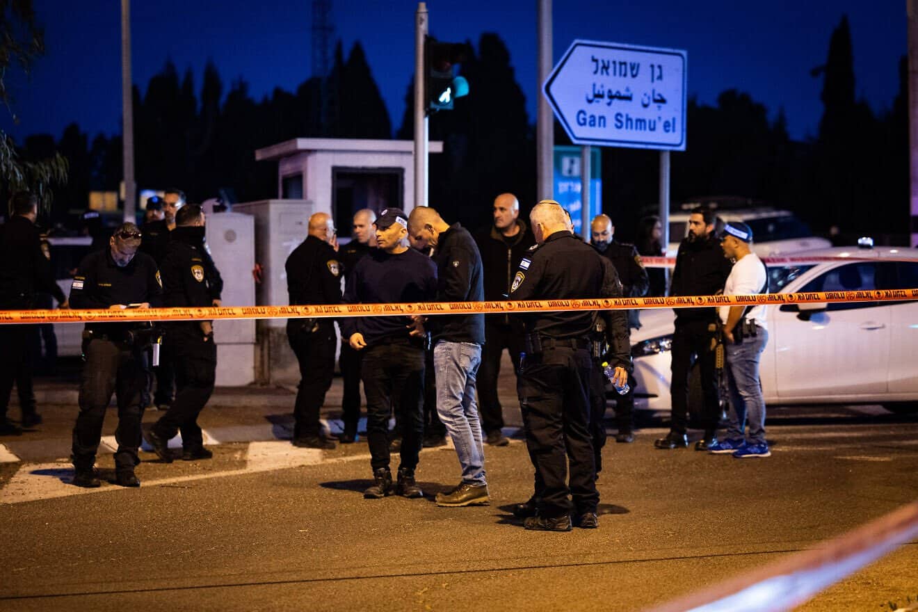 Police at the scene of a terrorist car-ramming attack at the Karkur Junction, Feb. 27, 2025. Photo by Itay Cohen/Flash90.