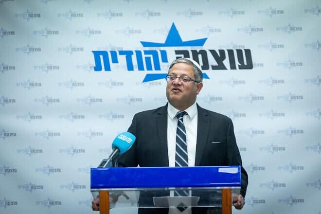 Otzma Yehudit leader Itamar Ben-Gvir leads the party's faction meeting at the Knesset in Jerusalem, March 3, 2025. Photo by Chaim Goldberg/Flash90.