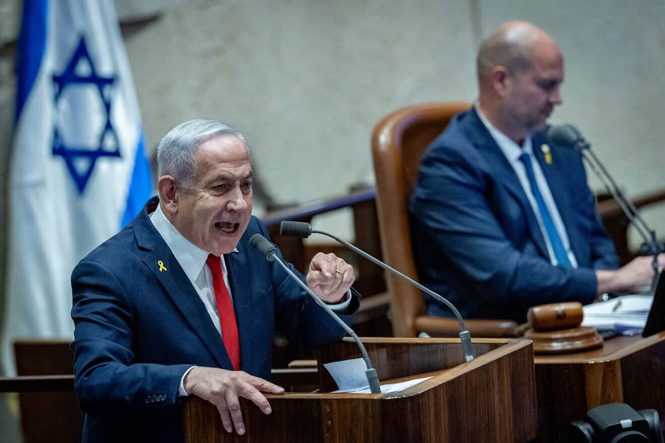 Israeli Prime Minister Benjamin Netanyahu speaks during a 40-signatures debate at the Knesset in Jerusalem, March 3, 2025. Photo by Chaim Goldberg/Flash90.