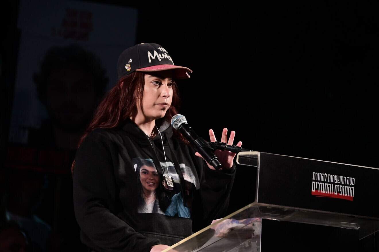 Former hostage Ilana Gritzewsky speaks during a rally calling for the release of Israelis held captive by Hamas terrorists in Gaza at "Hostage Square" in Tel Aviv, March 8, 2025. Photo by Avshalom Sassoni/Flash90.