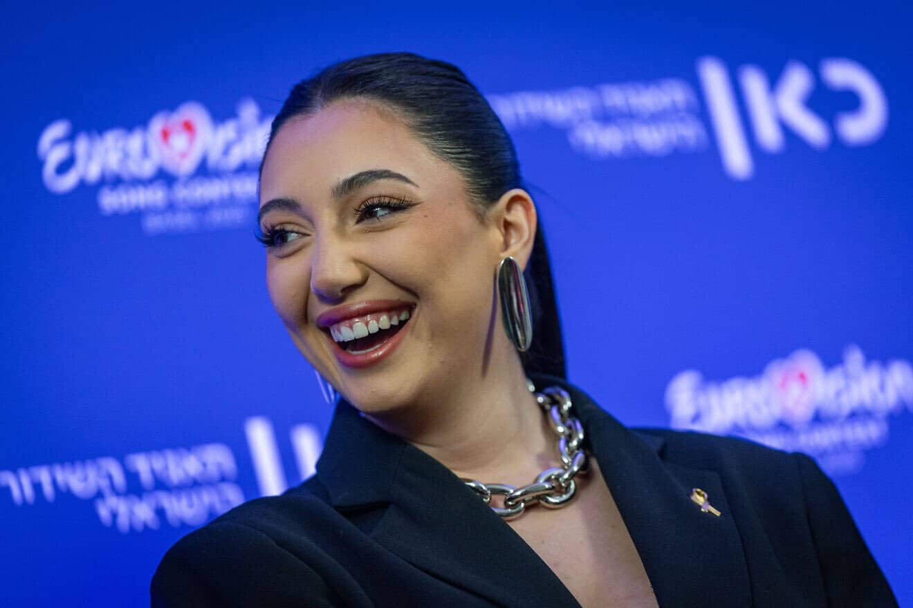 Yuval Raphael, Israel's contestant for the Eurovision Song Contest and a survivor of the Oct. 7 massacre, during a press conference in Tel Aviv, March 9, 2025. Photo by Yonatan Sindel/Flash90.