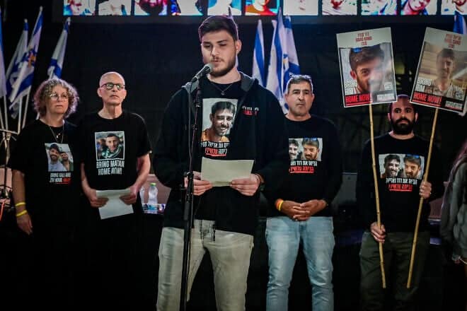 Former hostages, including Alexander "Sasha" Troufanov, hold a press conference at Hostage Square in Tel Aviv on March 18, 2025. Photo by Avshalom Sassoni/Flash90.