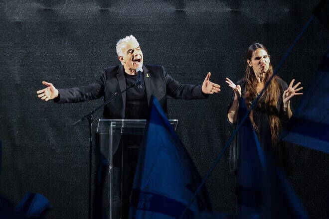 Israeli opposition leader Yair Lapid speaks during a rally against the government at Habima Square in Tel Aviv, March 18, 2025. Photo by Dor Pazuelo/Flash90.