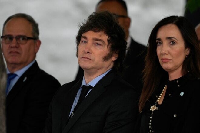 Argentina's President Javier Milei (C) Argentina's Vice-President Victoria Villarruel (R) and Israel's ambassador to Argentina Eyal Sela attend a ceremony to commemorate the 32nd anniversary of the bombing at the Israeli embassy in Buenos Aires that killed 29 people and wounded 200, at the Israeli Embassy Square in Buenos Aires on March 18, 2024. Photo by Juan Mabromata/AFP via Getty Images.