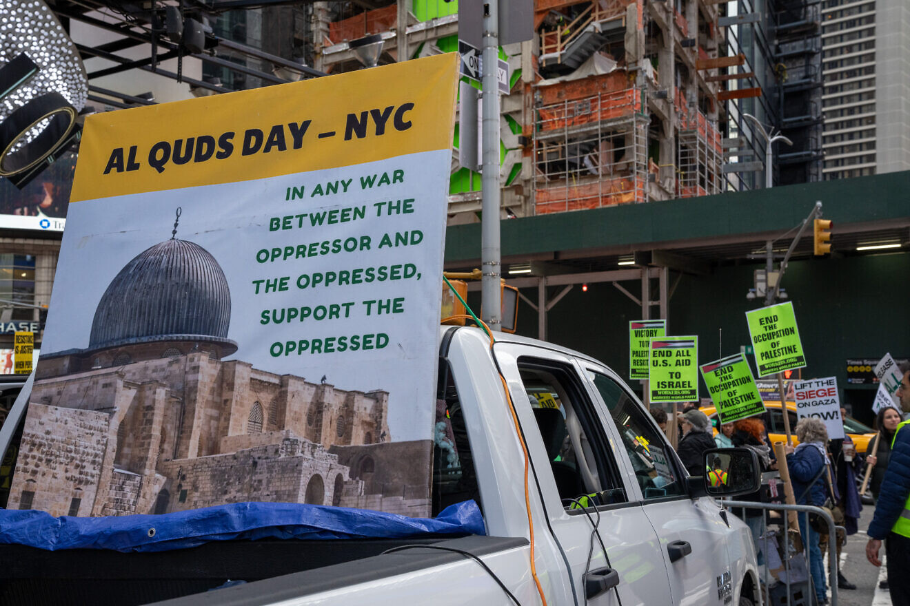 Anti-Israel activists protest at Times Square in Manhattan for Al-Quds Day on April 5, 2024. Credit: David Dee Delgado/Getty Images.