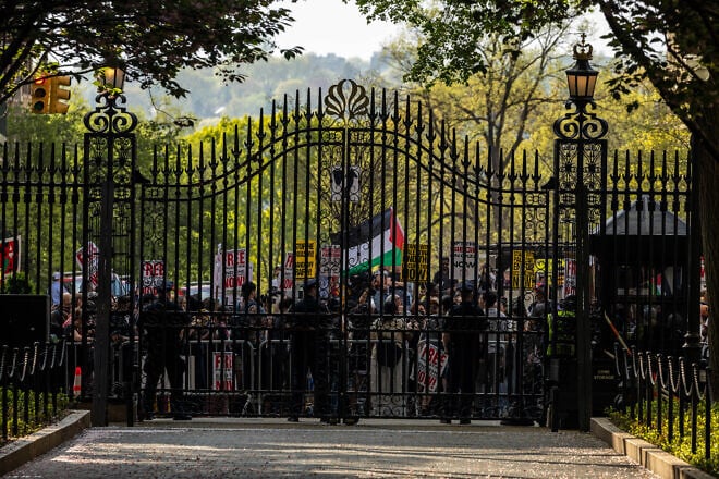 Anti-Israel protesters rally outside the gates of Columbia University in New York City, April 29, 2024. Photo by Alex Kent/Getty Images.