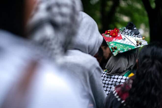 Representatives of pro-Palestinian student groups and protest organizers hold a news conference in front of the fenced off University Yard at George Washington University on May 10, 2024 in Washington, D.C. Photo by Kent Nishimura/Getty Images.