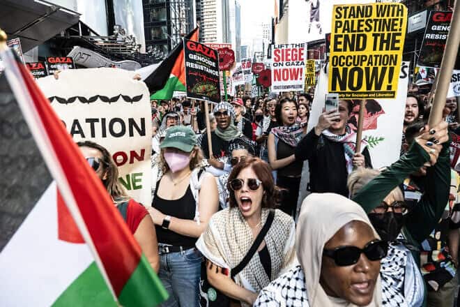 Protesters rally in support of Gaza and Lebanon in Times Square on Oct. 5, 2024. Photo by Stephanie Keith/Getty Images.