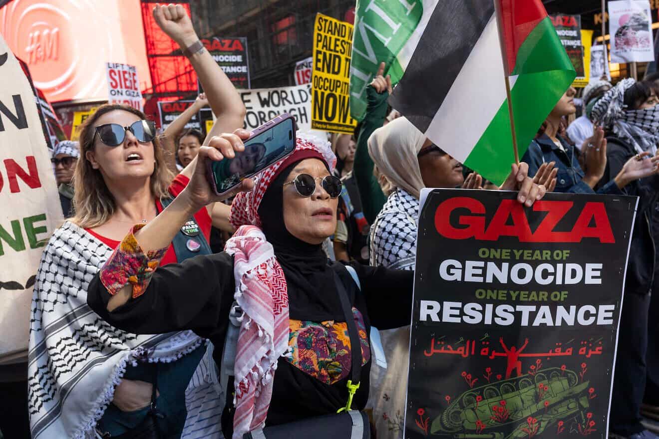 Palestinian supporters mark the approaching anniversary of the Hamas Oct. 7 attacks on Israel in Times Square on Oct. 5, 2024. Photo by Andrew Lichtenstein/Corbis via Getty Images.