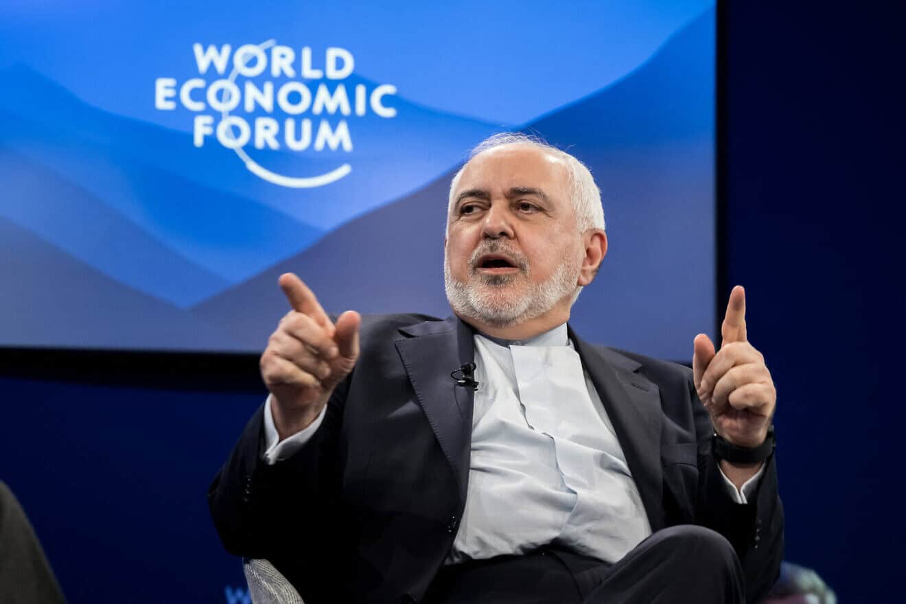Iranian Vice President for Strategic Affairs Mohammad Javad Zarif addresses the audience during the World Economic Forum annual meeting in Davos, on Jan. 22, 2025. Photo by Fabrice Coffrini/AFP via Getty Images.