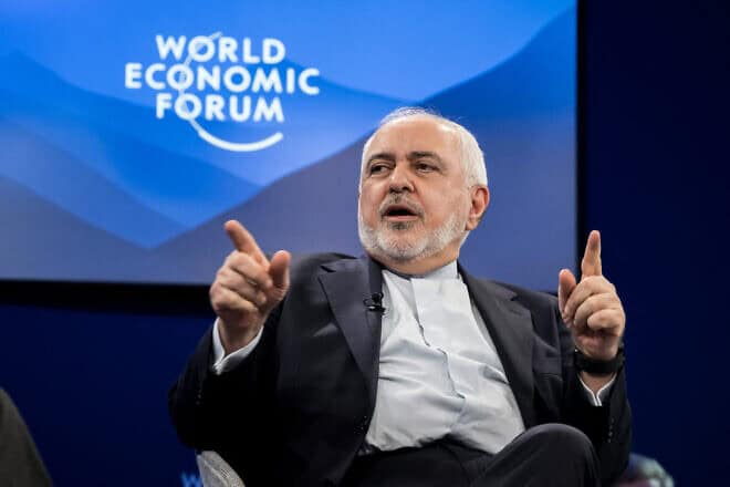 Iranian Vice President for Strategic Affairs Mohammad Javad Zarif addresses the audience during the World Economic Forum annual meeting in Davos, on Jan. 22, 2025. Photo by Fabrice Coffrini/AFP via Getty Images.