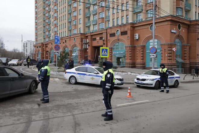 Russian traffic police secure an area in front of a residential building following a blast in Moscow, on Feb. 3, 2025. Photo by Tatyana Makeyeva/AFP via Getty Images.